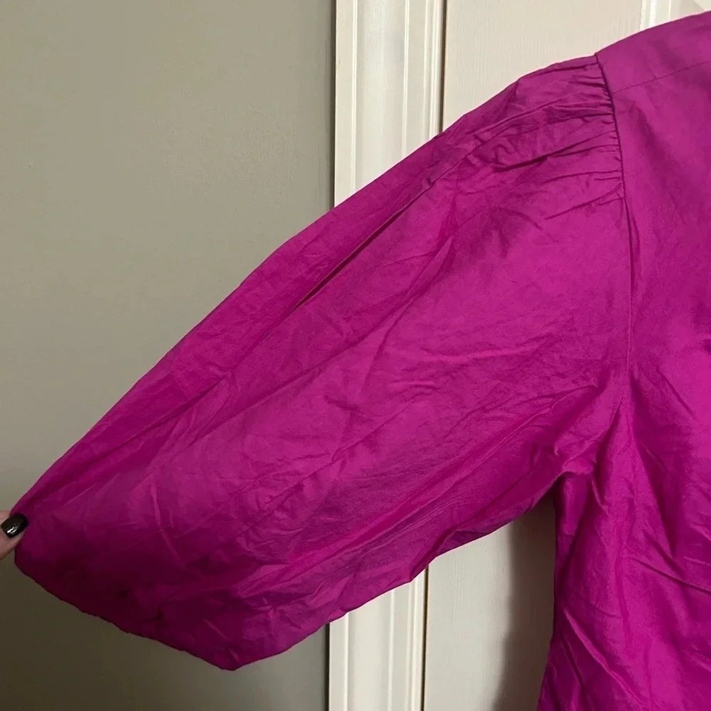 Free People Hope Fuchsia Pink Ruched Puff Sleeve Cotton Mini Dress Medium New - Picture 3 of 8